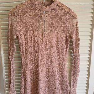 Long Sleeve High Neck Lace Mini Dress -M